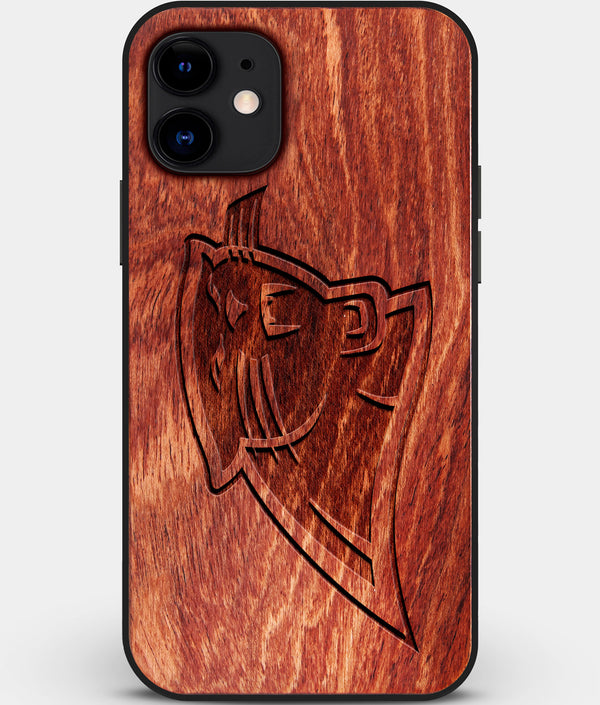 Custom Carved Wood Carolina Panthers iPhone 11 Case | Personalized Mahogany Wood Carolina Panthers Cover, Birthday Gift, Gifts For Him, Monogrammed Gift For Fan | by Engraved In Nature