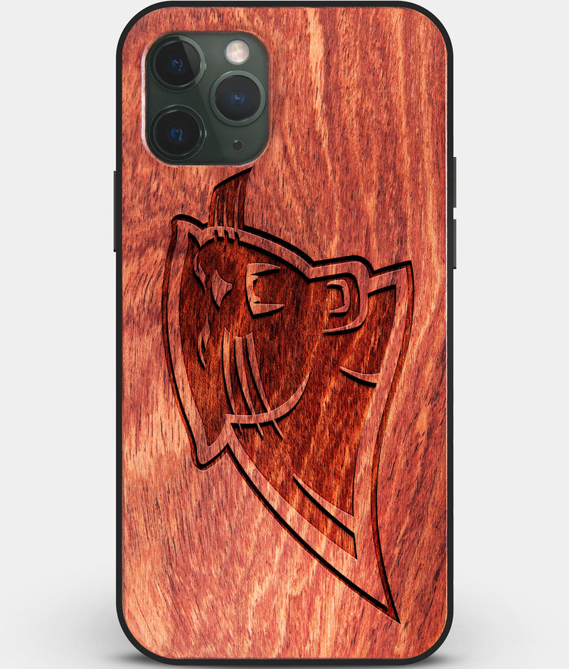 Custom Carved Wood Carolina Panthers iPhone 11 Pro Case | Personalized Mahogany Wood Carolina Panthers Cover, Birthday Gift, Gifts For Him, Monogrammed Gift For Fan | by Engraved In Nature
