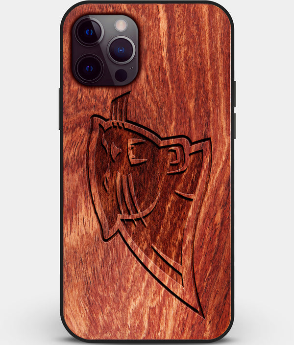 Custom Carved Wood Carolina Panthers iPhone 12 Pro Case | Personalized Mahogany Wood Carolina Panthers Cover, Birthday Gift, Gifts For Him, Monogrammed Gift For Fan | by Engraved In Nature