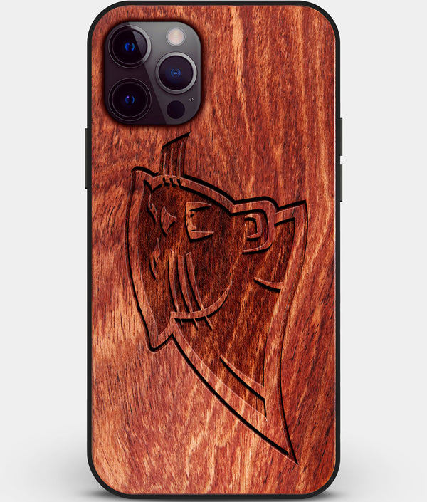 Custom Carved Wood Carolina Panthers iPhone 12 Pro Max Case | Personalized Mahogany Wood Carolina Panthers Cover, Birthday Gift, Gifts For Him, Monogrammed Gift For Fan | by Engraved In Nature