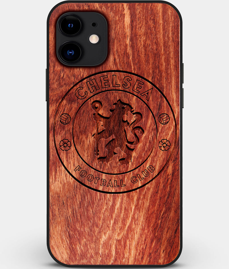 Custom Carved Wood Chelsea F.C. iPhone 11 Case | Personalized Mahogany Wood Chelsea F.C. Cover, Birthday Gift, Gifts For Him, Monogrammed Gift For Fan | by Engraved In Nature