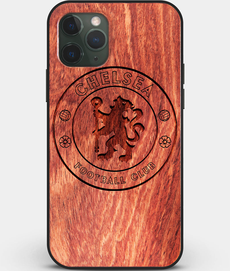 Custom Carved Wood Chelsea F.C. iPhone 11 Pro Case | Personalized Mahogany Wood Chelsea F.C. Cover, Birthday Gift, Gifts For Him, Monogrammed Gift For Fan | by Engraved In Nature