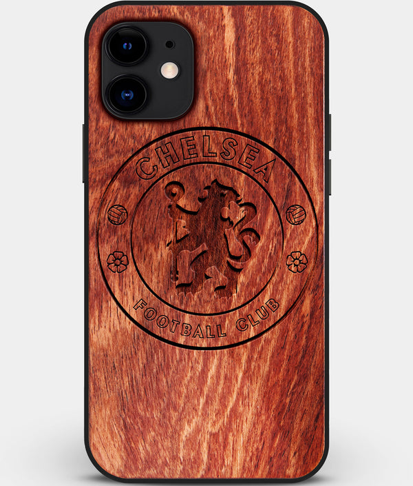 Custom Carved Wood Chelsea F.C. iPhone 12 Case | Personalized Mahogany Wood Chelsea F.C. Cover, Birthday Gift, Gifts For Him, Monogrammed Gift For Fan | by Engraved In Nature