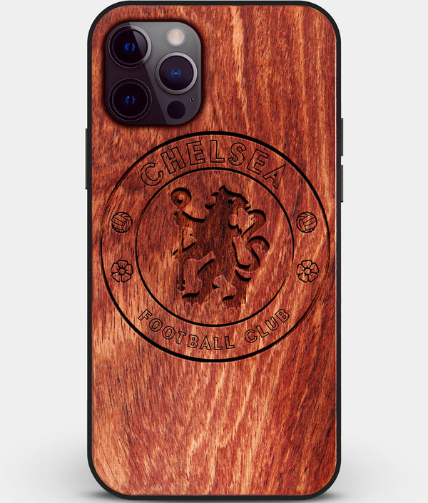 Custom Carved Wood Chelsea F.C. iPhone 12 Pro Case | Personalized Mahogany Wood Chelsea F.C. Cover, Birthday Gift, Gifts For Him, Monogrammed Gift For Fan | by Engraved In Nature