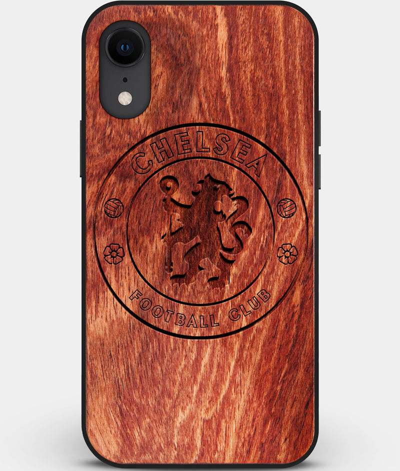 Custom Carved Wood Chelsea F.C. iPhone XR Case | Personalized Mahogany Wood Chelsea F.C. Cover, Birthday Gift, Gifts For Him, Monogrammed Gift For Fan | by Engraved In Nature
