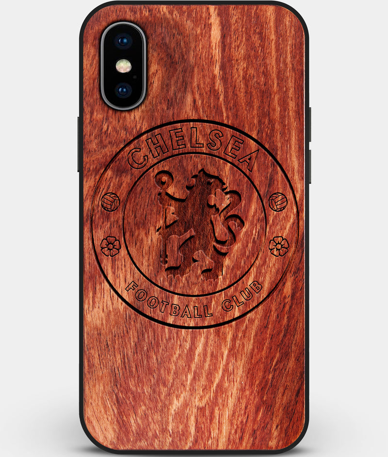 Custom Carved Wood Chelsea F.C. iPhone XS Max Case | Personalized Mahogany Wood Chelsea F.C. Cover, Birthday Gift, Gifts For Him, Monogrammed Gift For Fan | by Engraved In Nature