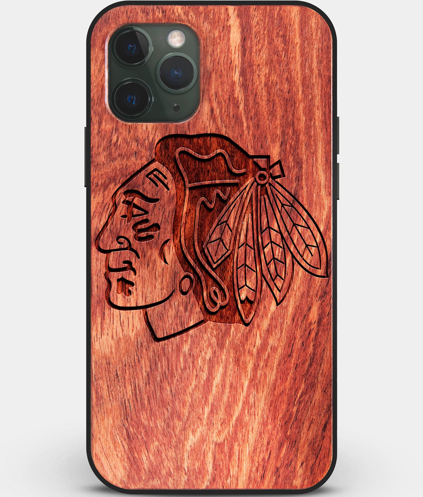 Custom Carved Wood Chicago Blackhawks iPhone 11 Pro Case | Personalized Mahogany Wood Chicago Blackhawks Cover, Birthday Gift, Gifts For Him, Monogrammed Gift For Fan | by Engraved In Nature