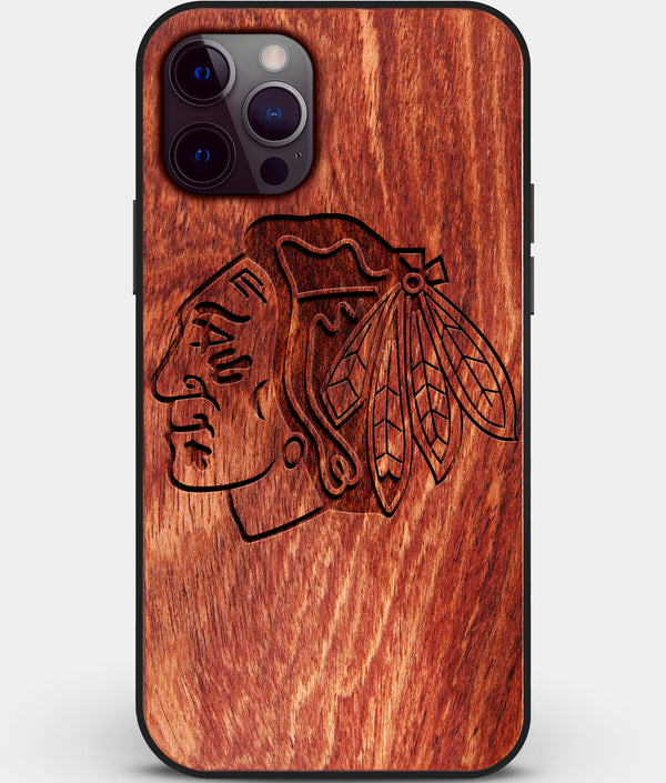 Custom Carved Wood Chicago Blackhawks iPhone 12 Pro Case | Personalized Mahogany Wood Chicago Blackhawks Cover, Birthday Gift, Gifts For Him, Monogrammed Gift For Fan | by Engraved In Nature