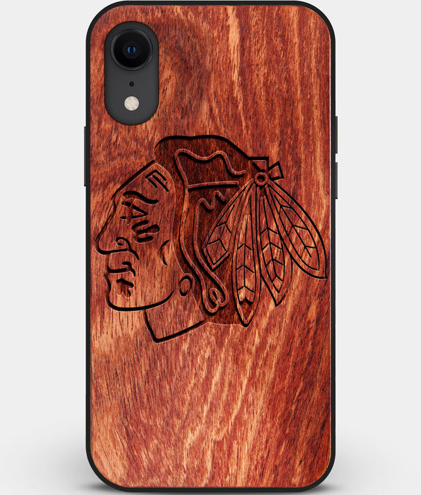 Custom Carved Wood Chicago Blackhawks iPhone XR Case | Personalized Mahogany Wood Chicago Blackhawks Cover, Birthday Gift, Gifts For Him, Monogrammed Gift For Fan | by Engraved In Nature
