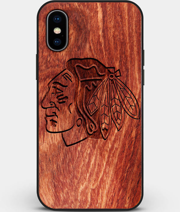 Custom Carved Wood Chicago Blackhawks iPhone X/XS Case | Personalized Mahogany Wood Chicago Blackhawks Cover, Birthday Gift, Gifts For Him, Monogrammed Gift For Fan | by Engraved In Nature