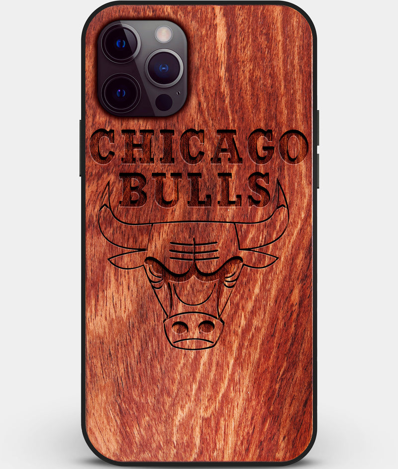 Custom Carved Wood Chicago Bulls iPhone 12 Pro Case | Personalized Mahogany Wood Chicago Bulls Cover, Birthday Gift, Gifts For Him, Monogrammed Gift For Fan | by Engraved In Nature