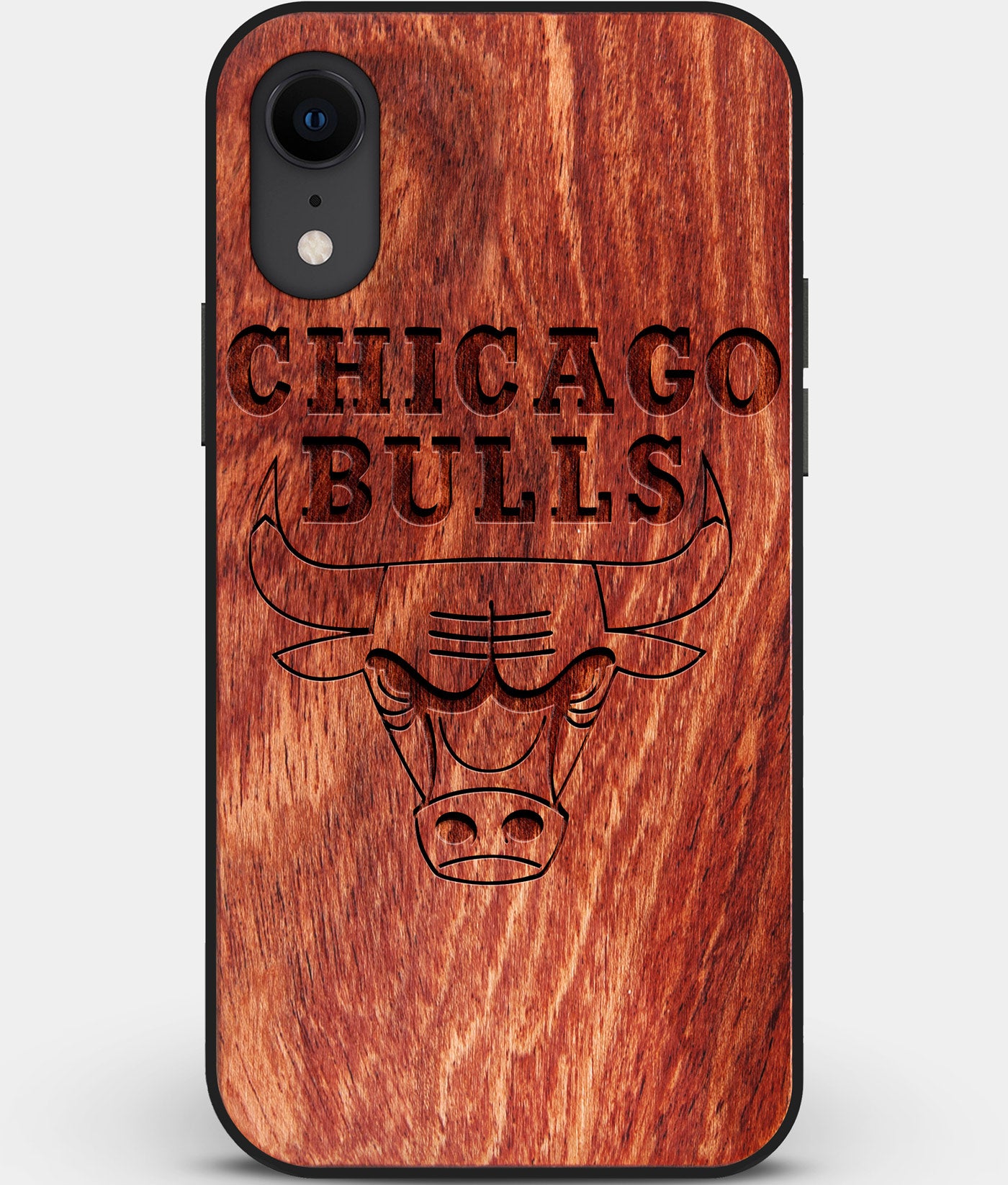 Custom Carved Wood Chicago Bulls iPhone XR Case | Personalized Mahogany Wood Chicago Bulls Cover, Birthday Gift, Gifts For Him, Monogrammed Gift For Fan | by Engraved In Nature