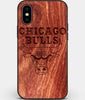 Custom Carved Wood Chicago Bulls iPhone X/XS Case | Personalized Mahogany Wood Chicago Bulls Cover, Birthday Gift, Gifts For Him, Monogrammed Gift For Fan | by Engraved In Nature