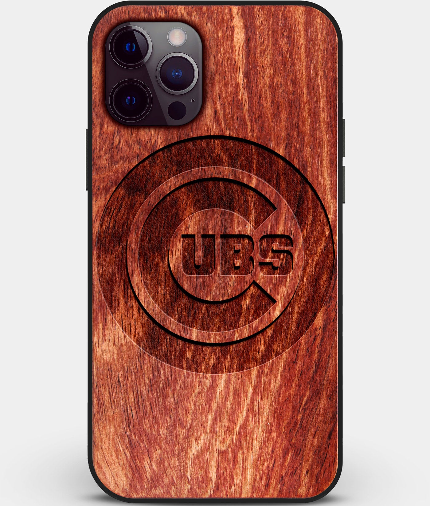Custom Carved Wood Chicago Cubs iPhone 12 Pro Case | Personalized Mahogany Wood Chicago Cubs Cover, Birthday Gift, Gifts For Him, Monogrammed Gift For Fan | by Engraved In Nature