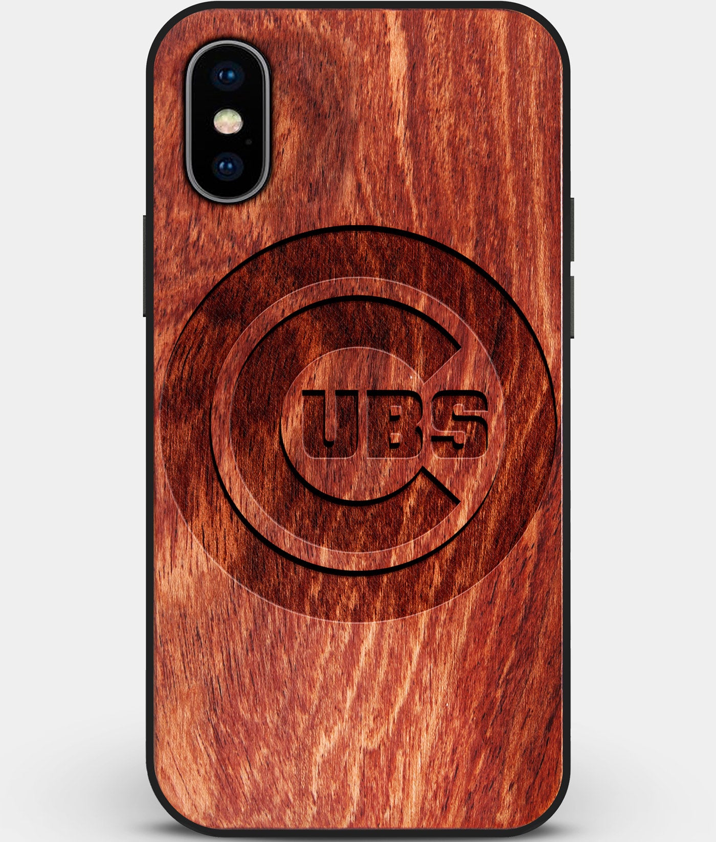 Custom Carved Wood Chicago Cubs iPhone X/XS Case | Personalized Mahogany Wood Chicago Cubs Cover, Birthday Gift, Gifts For Him, Monogrammed Gift For Fan | by Engraved In Nature