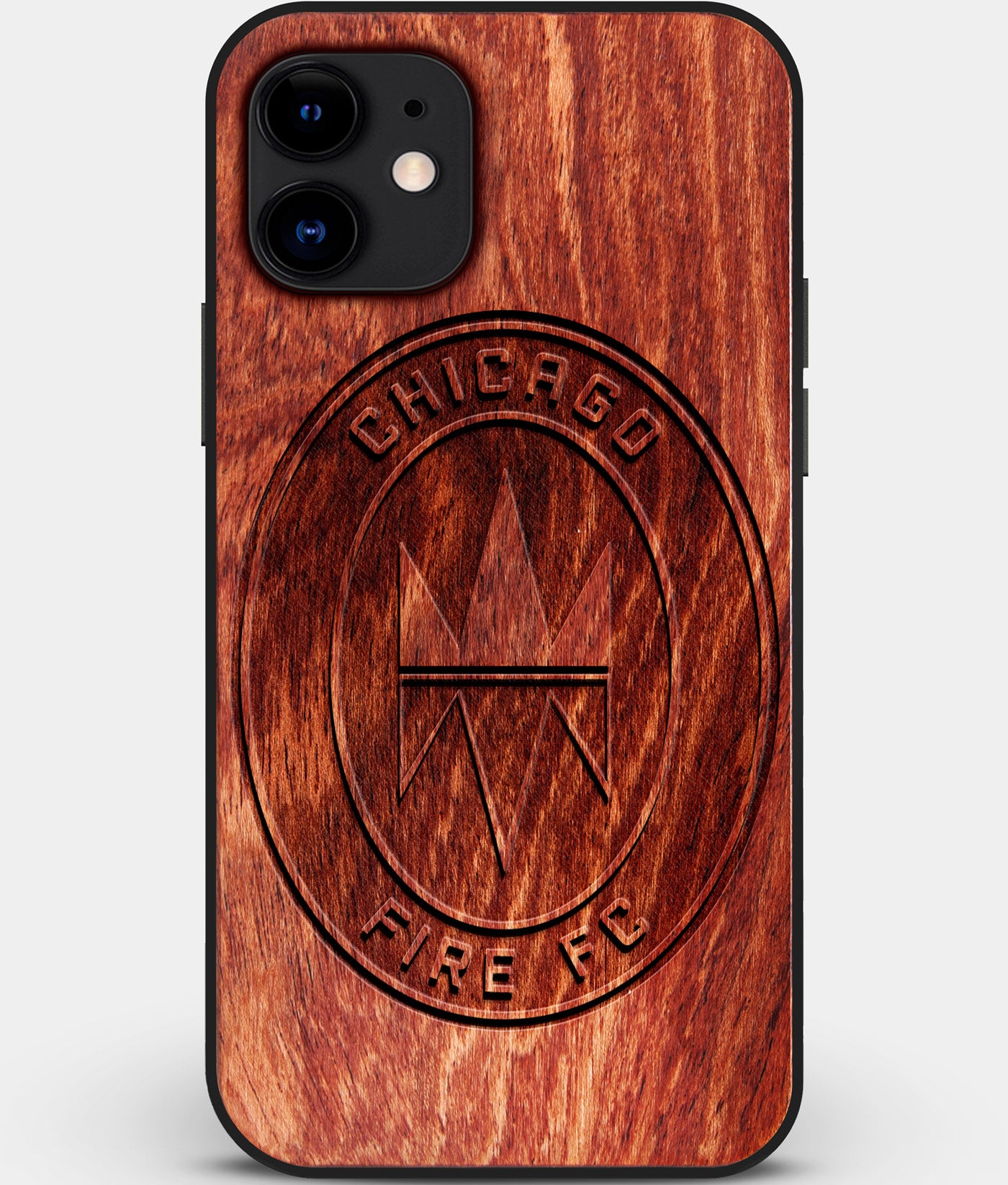 Custom Carved Wood Chicago Fire SC iPhone 12 Case | Personalized Mahogany Wood Chicago Fire SC Cover, Birthday Gift, Gifts For Him, Monogrammed Gift For Fan | by Engraved In Nature
