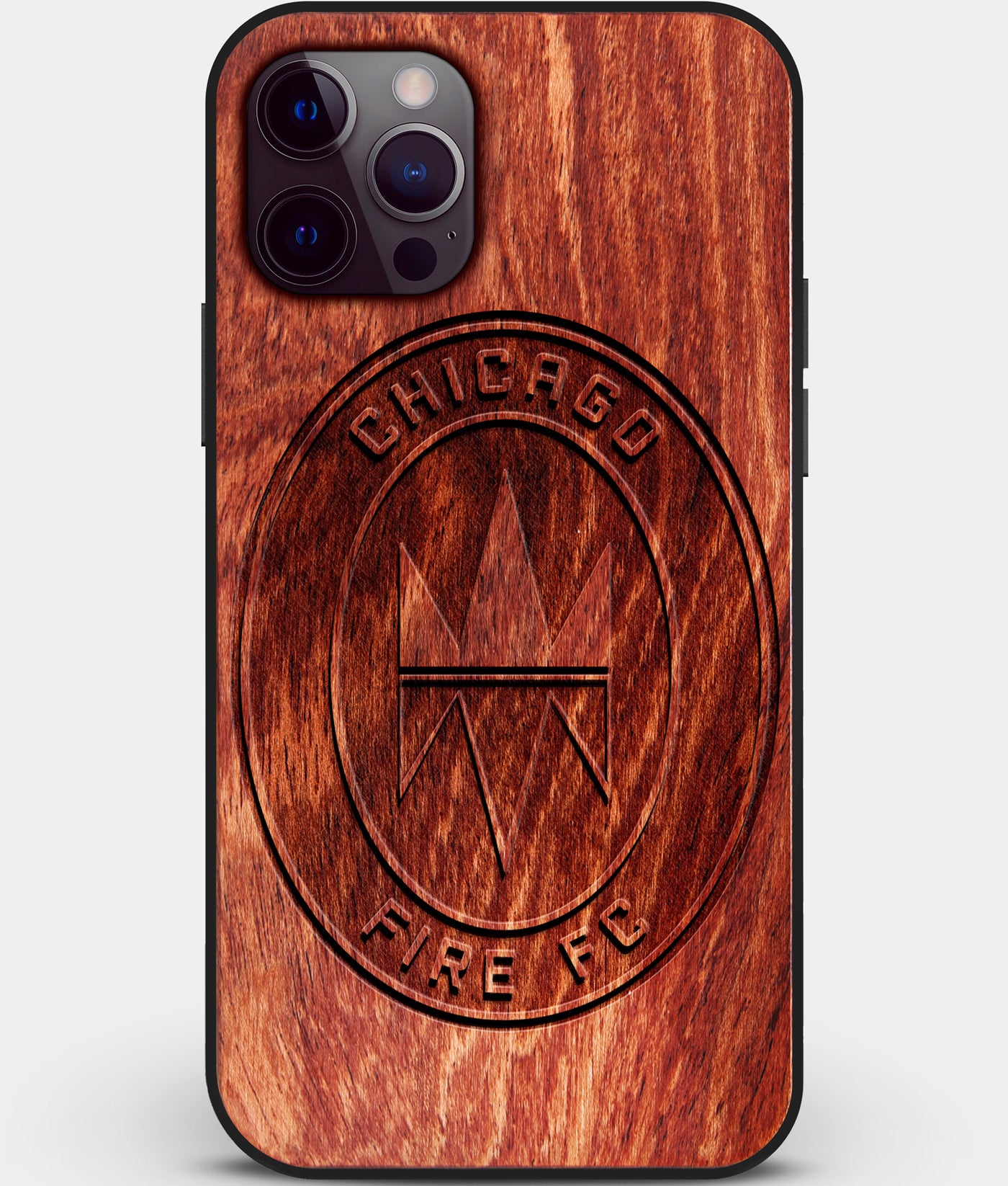 Custom Carved Wood Chicago Fire SC iPhone 12 Pro Case | Personalized Mahogany Wood Chicago Fire SC Cover, Birthday Gift, Gifts For Him, Monogrammed Gift For Fan | by Engraved In Nature