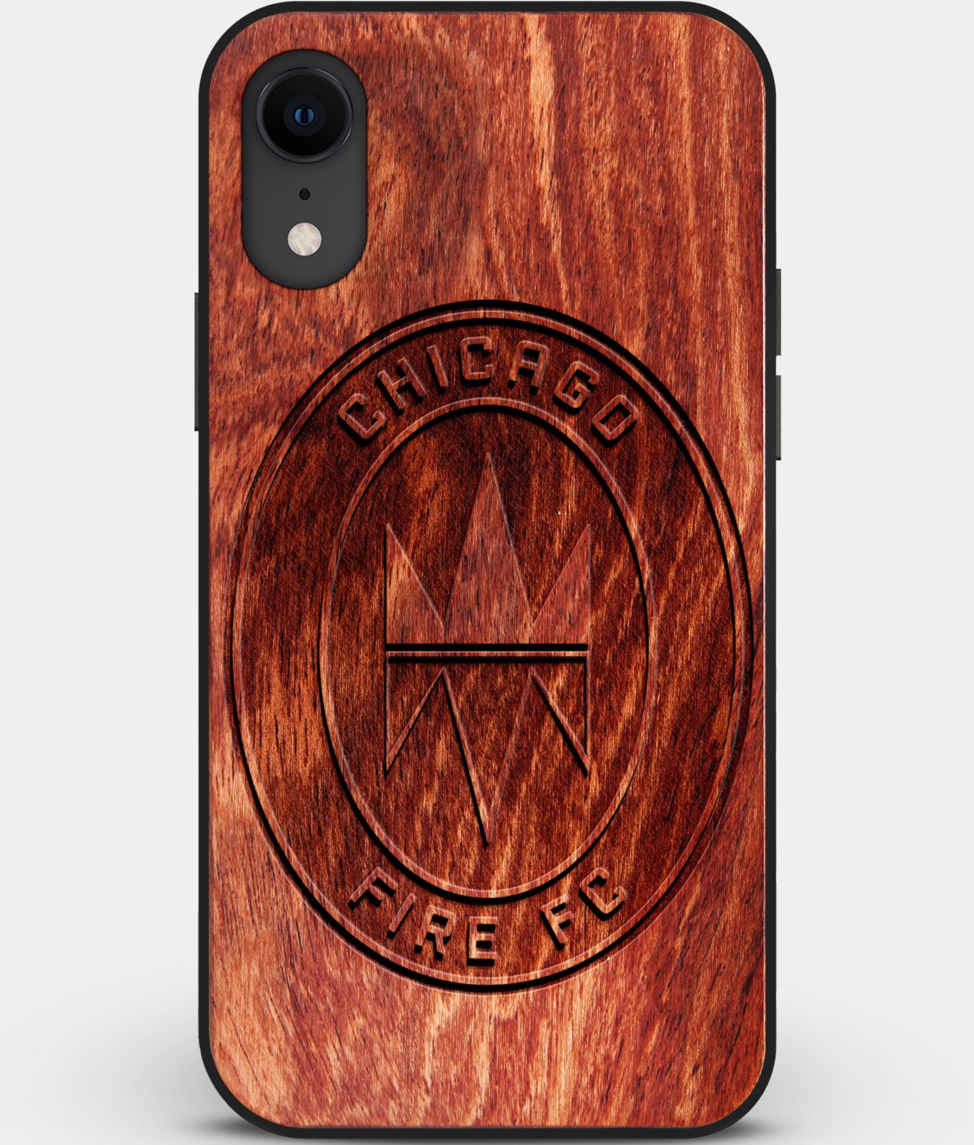 Custom Carved Wood Chicago Fire SC iPhone XR Case | Personalized Mahogany Wood Chicago Fire SC Cover, Birthday Gift, Gifts For Him, Monogrammed Gift For Fan | by Engraved In Nature