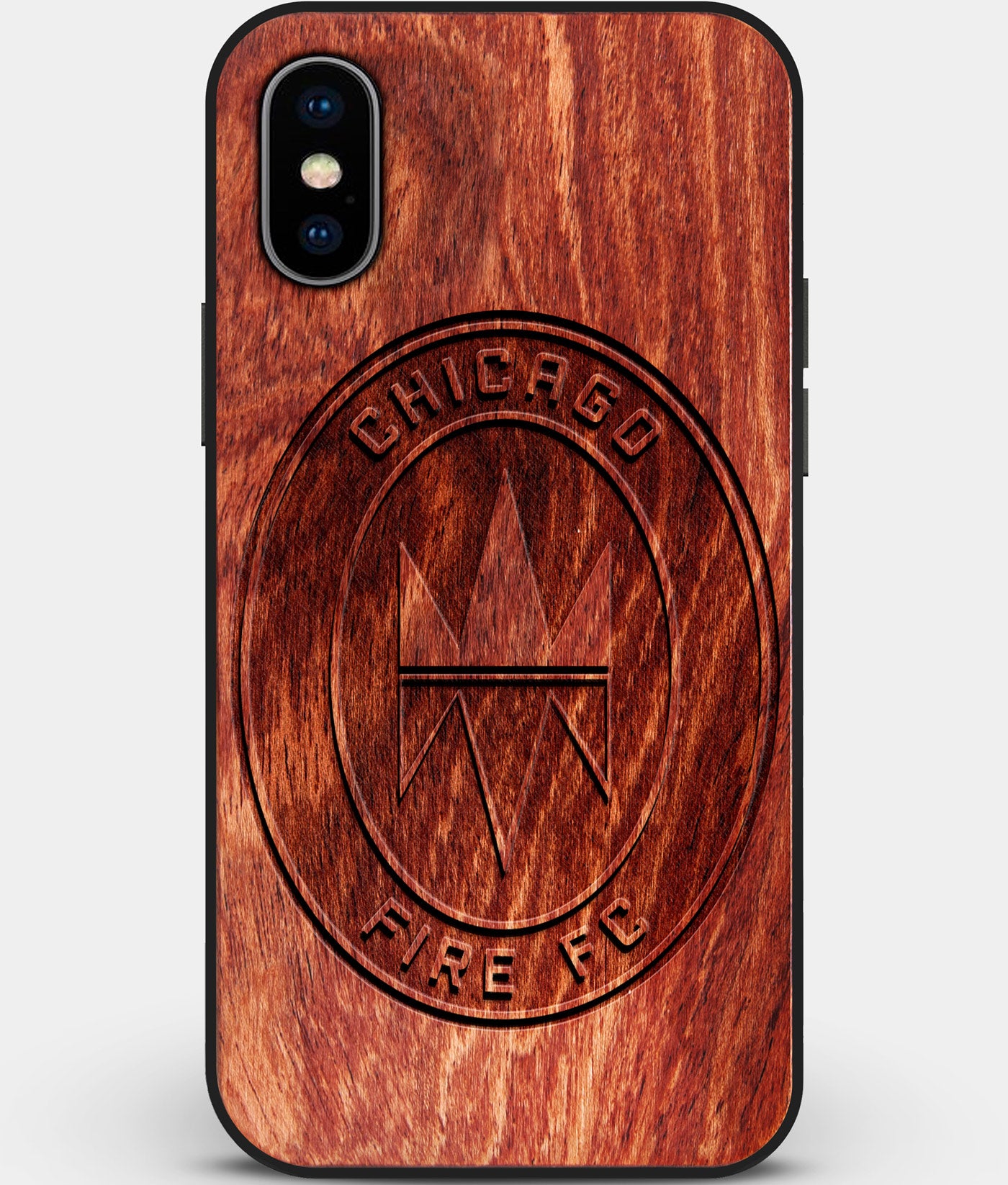Custom Carved Wood Chicago Fire SC iPhone XS Max Case | Personalized Mahogany Wood Chicago Fire SC Cover, Birthday Gift, Gifts For Him, Monogrammed Gift For Fan | by Engraved In Nature