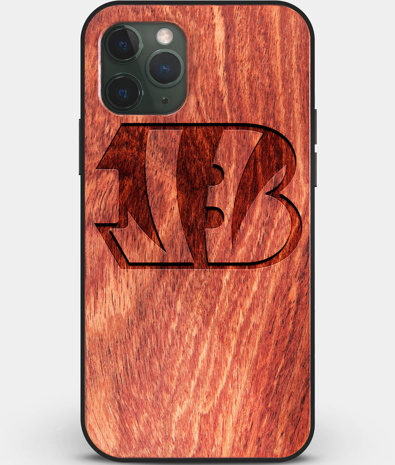 Custom Carved Wood Cincinnati Bengals iPhone 11 Pro Case | Personalized Mahogany Wood Cincinnati Bengals Cover, Birthday Gift, Gifts For Him, Monogrammed Gift For Fan | by Engraved In Nature
