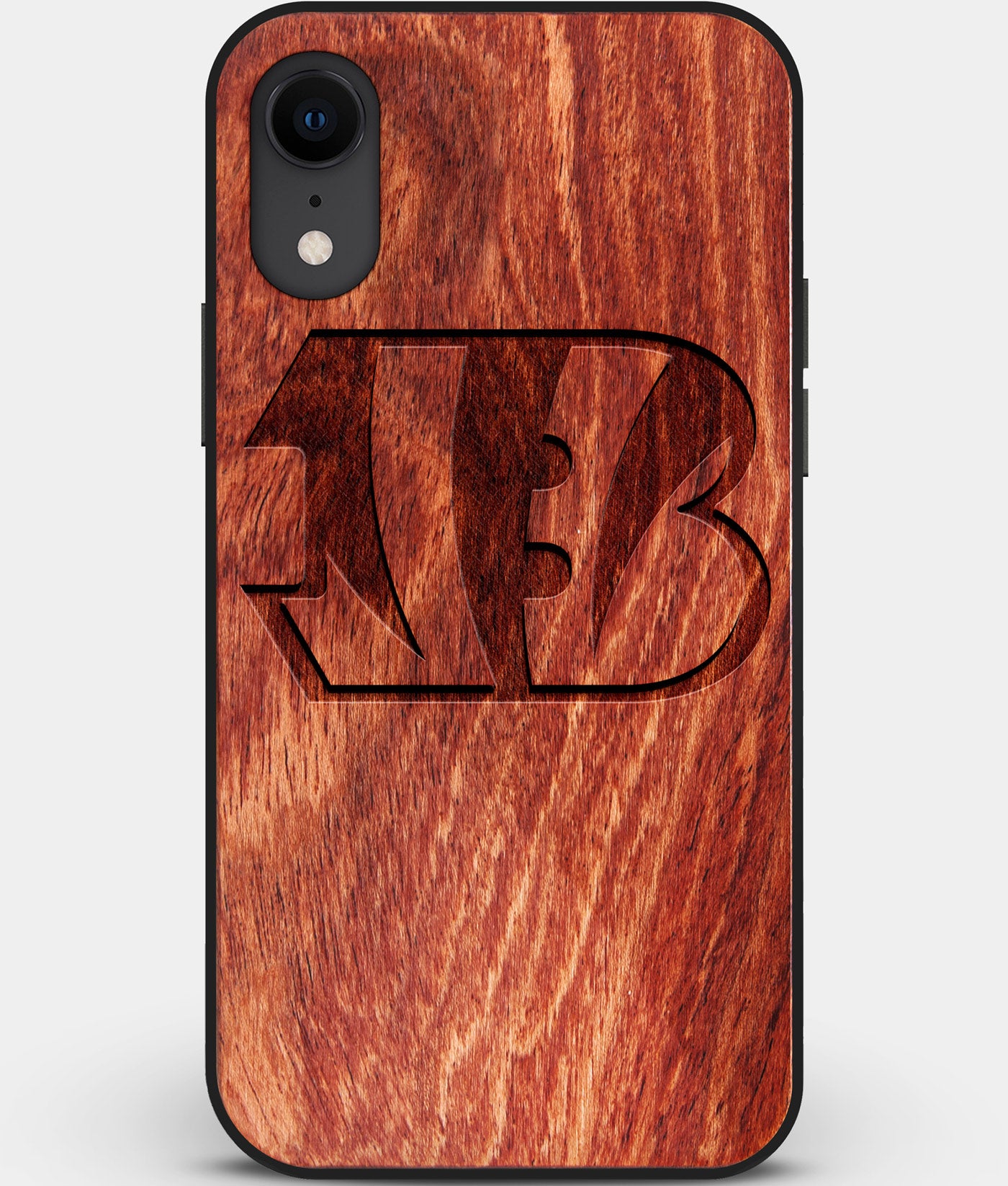 Custom Carved Wood Cincinnati Bengals iPhone XR Case | Personalized Mahogany Wood Cincinnati Bengals Cover, Birthday Gift, Gifts For Him, Monogrammed Gift For Fan | by Engraved In Nature