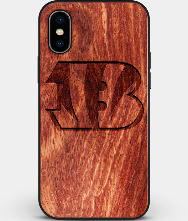 Custom Carved Wood Cincinnati Bengals iPhone X/XS Case | Personalized Mahogany Wood Cincinnati Bengals Cover, Birthday Gift, Gifts For Him, Monogrammed Gift For Fan | by Engraved In Nature