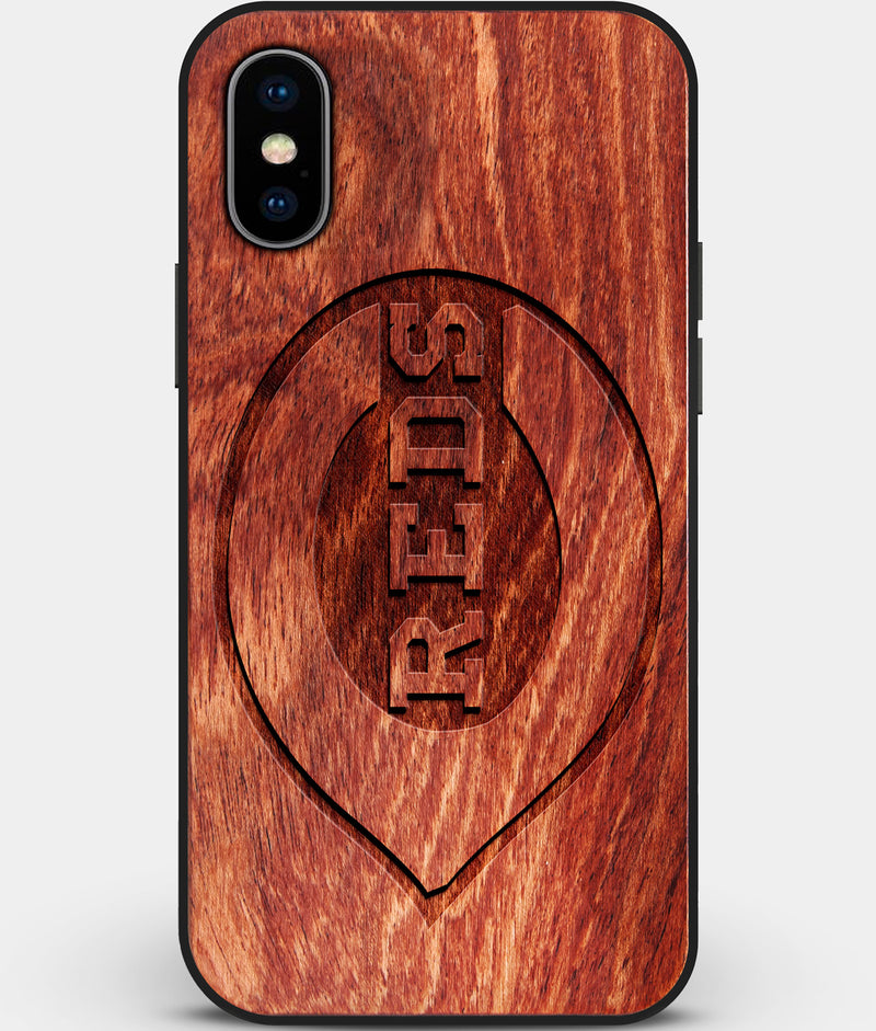 Custom Carved Wood Cincinnati Reds iPhone X/XS Case | Personalized Mahogany Wood Cincinnati Reds Cover, Birthday Gift, Gifts For Him, Monogrammed Gift For Fan | by Engraved In Nature