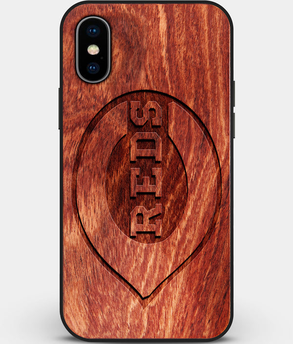 Custom Carved Wood Cincinnati Reds iPhone XS Max Case | Personalized Mahogany Wood Cincinnati Reds Cover, Birthday Gift, Gifts For Him, Monogrammed Gift For Fan | by Engraved In Nature