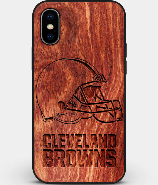 Custom Carved Wood Cleveland Browns iPhone X/XS Case | Personalized Mahogany Wood Cleveland Browns Cover, Birthday Gift, Gifts For Him, Monogrammed Gift For Fan | by Engraved In Nature