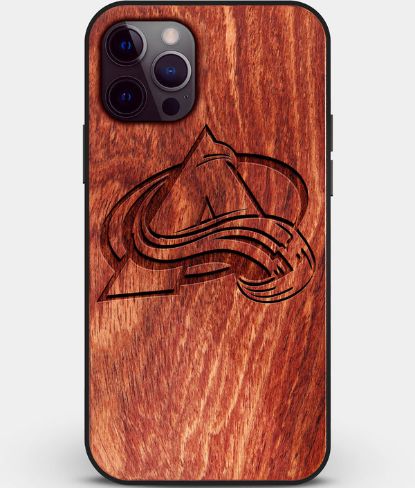 Custom Carved Wood Colorado Avalanche iPhone 12 Pro Case | Personalized Mahogany Wood Colorado Avalanche Cover, Birthday Gift, Gifts For Him, Monogrammed Gift For Fan | by Engraved In Nature