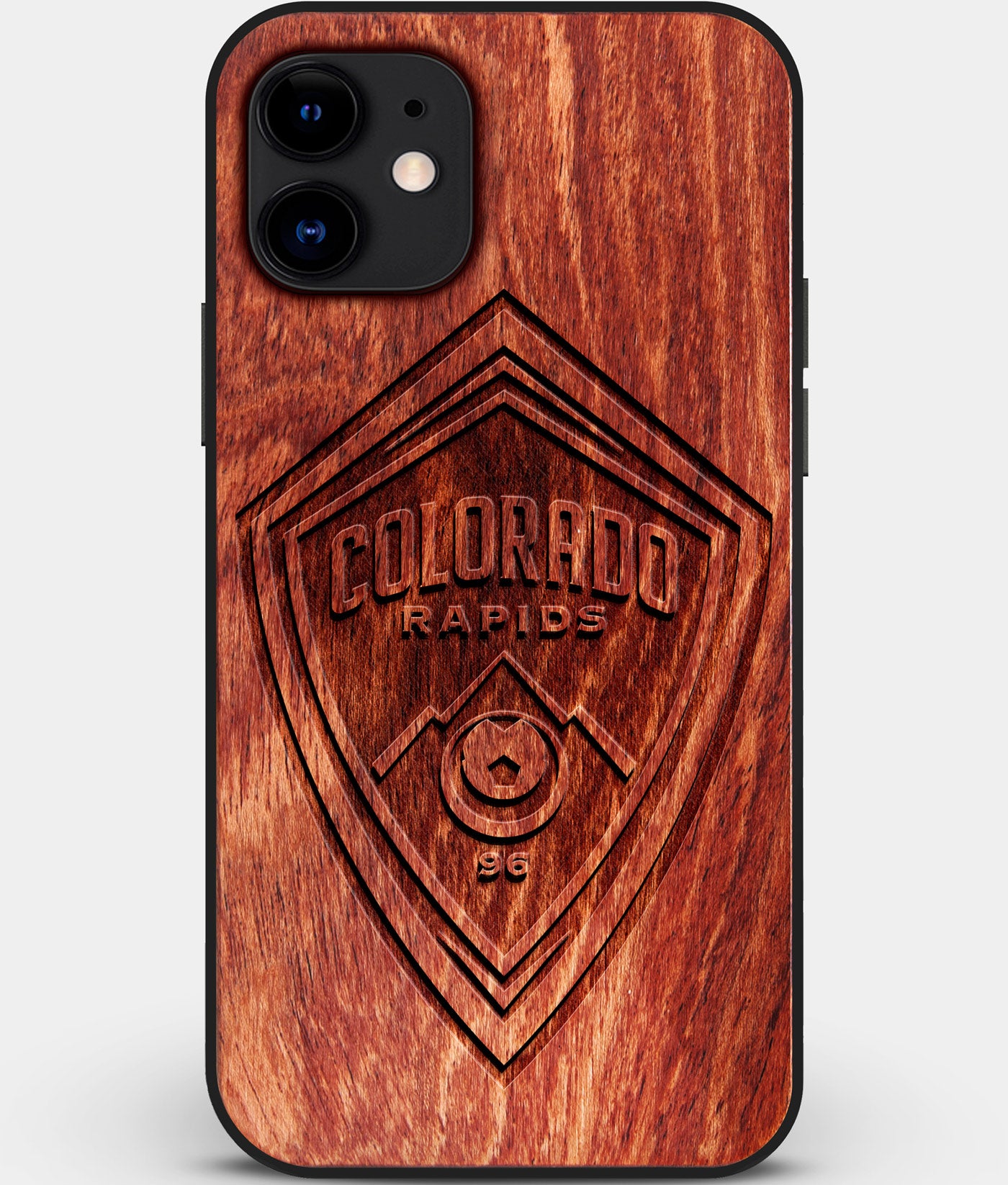 Custom Carved Wood Colorado Rapids iPhone 12 Case | Personalized Mahogany Wood Colorado Rapids Cover, Birthday Gift, Gifts For Him, Monogrammed Gift For Fan | by Engraved In Nature