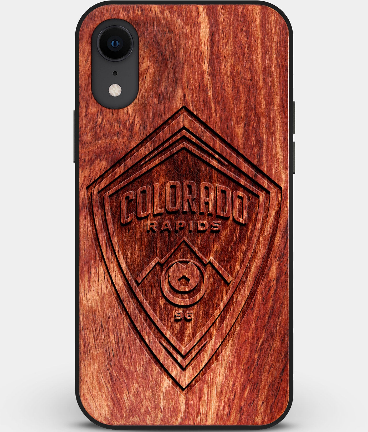 Custom Carved Wood Colorado Rapids iPhone XR Case | Personalized Mahogany Wood Colorado Rapids Cover, Birthday Gift, Gifts For Him, Monogrammed Gift For Fan | by Engraved In Nature