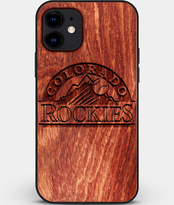 Custom Carved Wood Colorado Rockies iPhone 11 Case | Personalized Mahogany Wood Colorado Rockies Cover, Birthday Gift, Gifts For Him, Monogrammed Gift For Fan | by Engraved In Nature