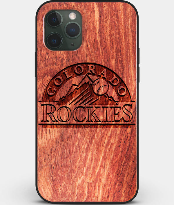 Custom Carved Wood Colorado Rockies iPhone 11 Pro Max Case | Personalized Mahogany Wood Colorado Rockies Cover, Birthday Gift, Gifts For Him, Monogrammed Gift For Fan | by Engraved In Nature