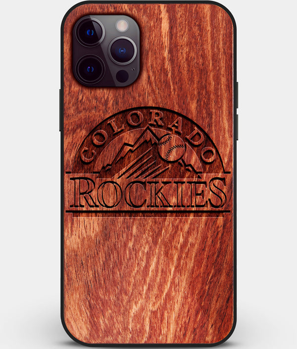 Custom Carved Wood Colorado Rockies iPhone 12 Pro Max Case | Personalized Mahogany Wood Colorado Rockies Cover, Birthday Gift, Gifts For Him, Monogrammed Gift For Fan | by Engraved In Nature
