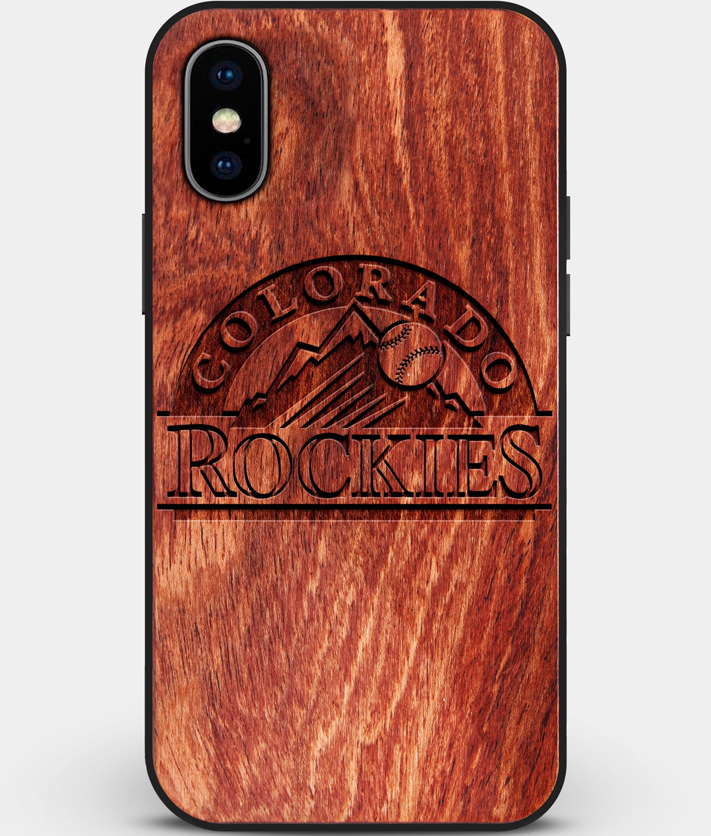 Custom Carved Wood Colorado Rockies iPhone X/XS Case | Personalized Mahogany Wood Colorado Rockies Cover, Birthday Gift, Gifts For Him, Monogrammed Gift For Fan | by Engraved In Nature