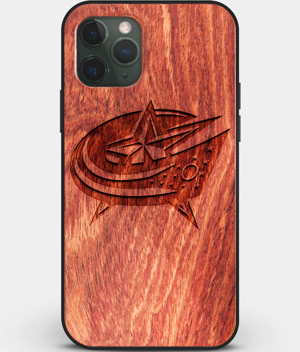 Custom Carved Wood Columbus Blue Jackets iPhone 11 Pro Max Case | Personalized Mahogany Wood Columbus Blue Jackets Cover, Birthday Gift, Gifts For Him, Monogrammed Gift For Fan | by Engraved In Nature
