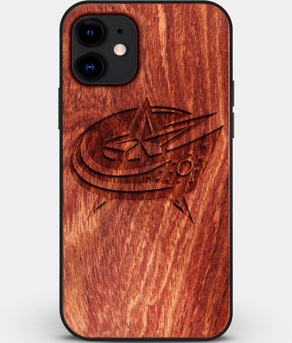 Custom Carved Wood Columbus Blue Jackets iPhone 12 Case | Personalized Mahogany Wood Columbus Blue Jackets Cover, Birthday Gift, Gifts For Him, Monogrammed Gift For Fan | by Engraved In Nature