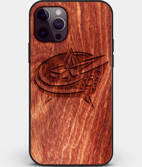 Custom Carved Wood Columbus Blue Jackets iPhone 12 Pro Max Case | Personalized Mahogany Wood Columbus Blue Jackets Cover, Birthday Gift, Gifts For Him, Monogrammed Gift For Fan | by Engraved In Nature