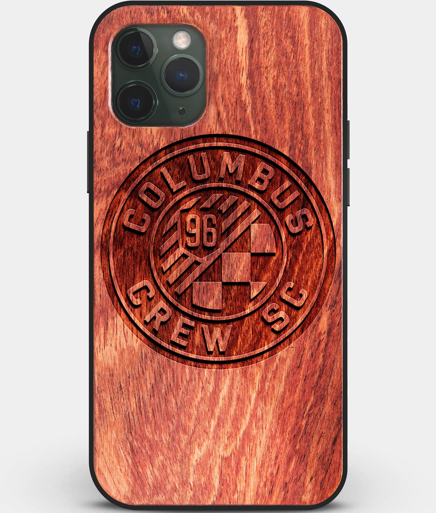 Custom Carved Wood Columbus Crew SC iPhone 11 Pro Case | Personalized Mahogany Wood Columbus Crew SC Cover, Birthday Gift, Gifts For Him, Monogrammed Gift For Fan | by Engraved In Nature