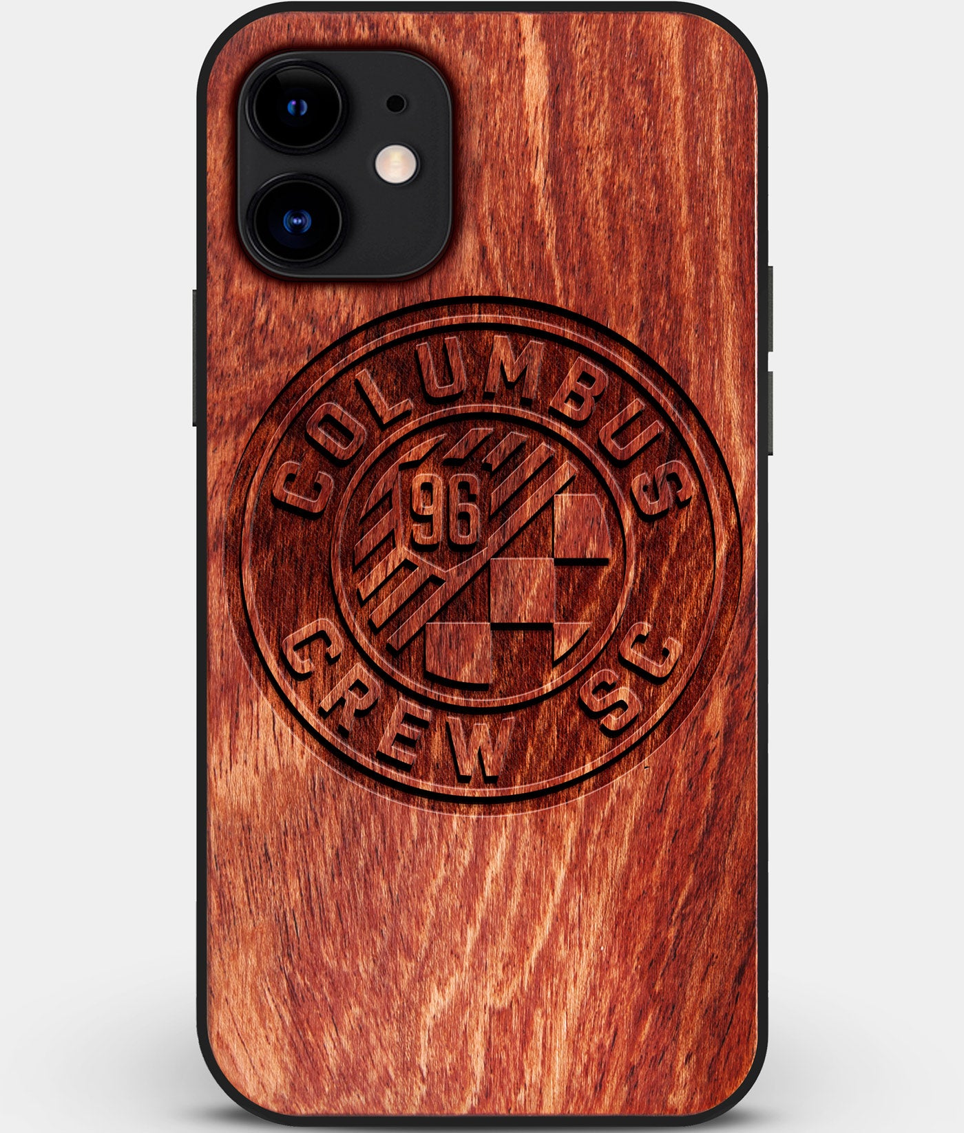 Custom Carved Wood Columbus Crew SC iPhone 12 Case | Personalized Mahogany Wood Columbus Crew SC Cover, Birthday Gift, Gifts For Him, Monogrammed Gift For Fan | by Engraved In Nature