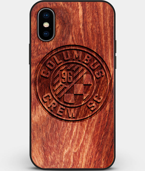 Custom Carved Wood Columbus Crew SC iPhone X/XS Case | Personalized Mahogany Wood Columbus Crew SC Cover, Birthday Gift, Gifts For Him, Monogrammed Gift For Fan | by Engraved In Nature
