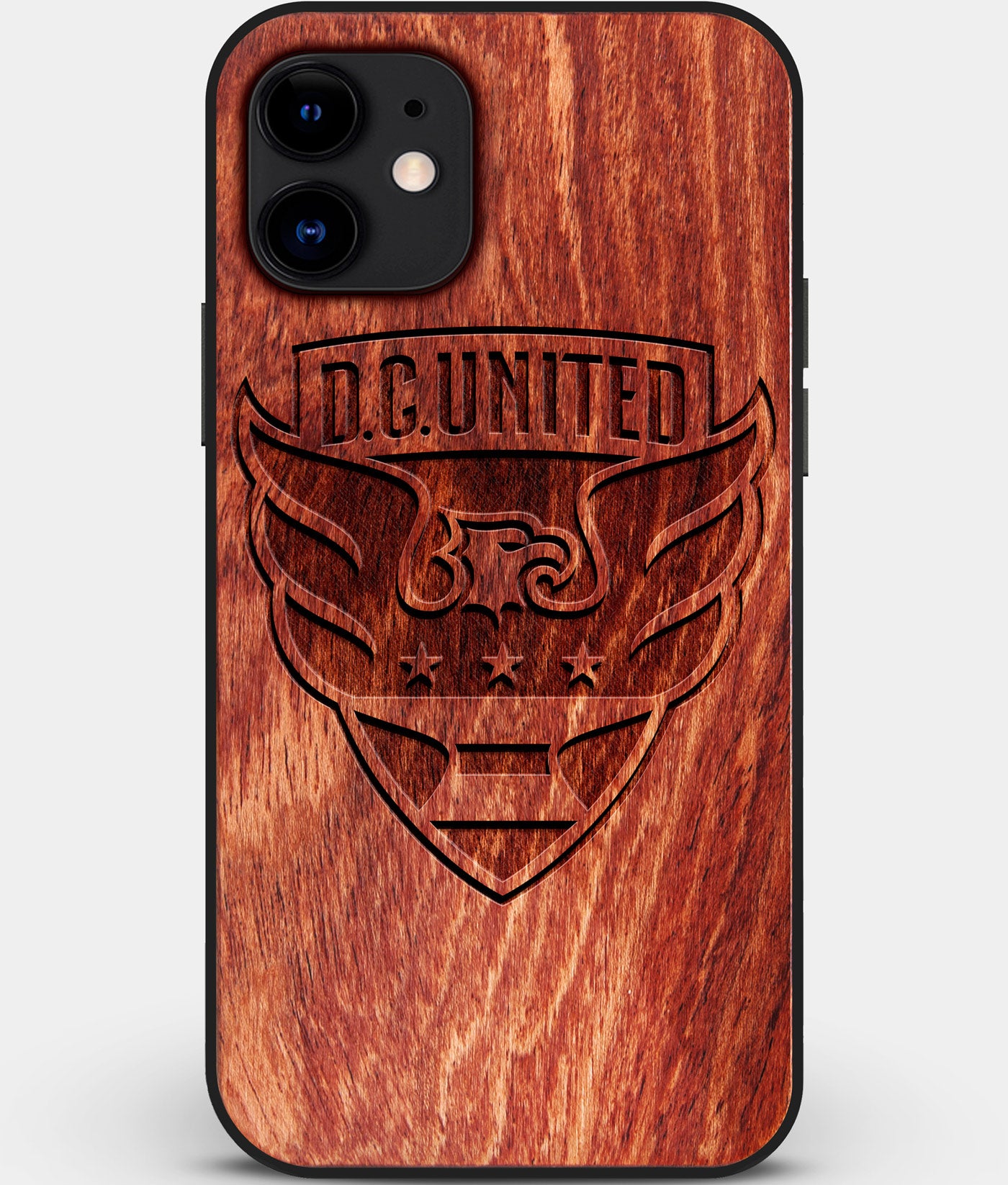 Custom Carved Wood D.C. United iPhone 12 Mini Case | Personalized Mahogany Wood D.C. United Cover, Birthday Gift, Gifts For Him, Monogrammed Gift For Fan | by Engraved In Nature