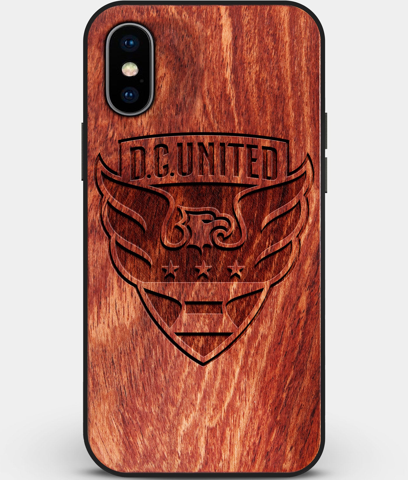 Custom Carved Wood D.C. United iPhone X/XS Case | Personalized Mahogany Wood D.C. United Cover, Birthday Gift, Gifts For Him, Monogrammed Gift For Fan | by Engraved In Nature
