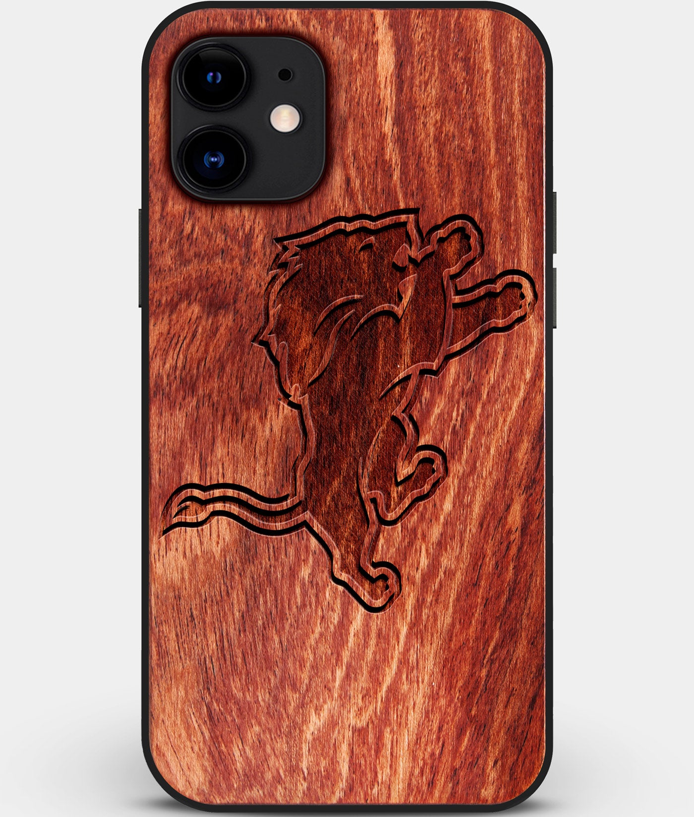 Custom Carved Wood Detroit Lions iPhone 11 Case | Personalized Mahogany Wood Detroit Lions Cover, Birthday Gift, Gifts For Him, Monogrammed Gift For Fan | by Engraved In Nature