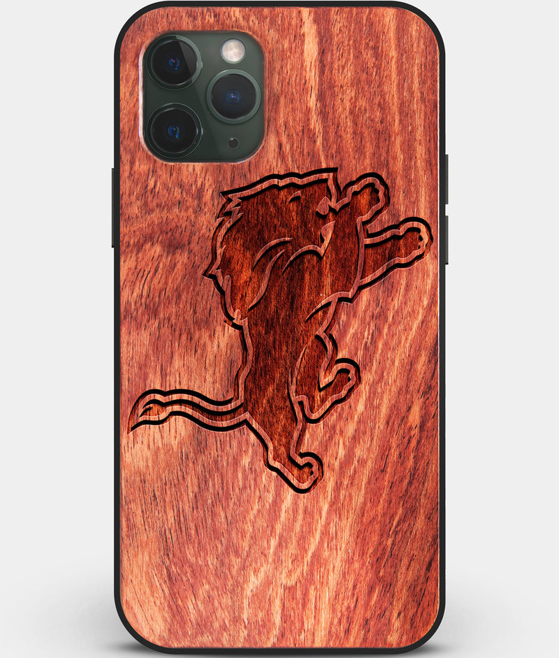 Custom Carved Wood Detroit Lions iPhone 11 Pro Max Case | Personalized Mahogany Wood Detroit Lions Cover, Birthday Gift, Gifts For Him, Monogrammed Gift For Fan | by Engraved In Nature