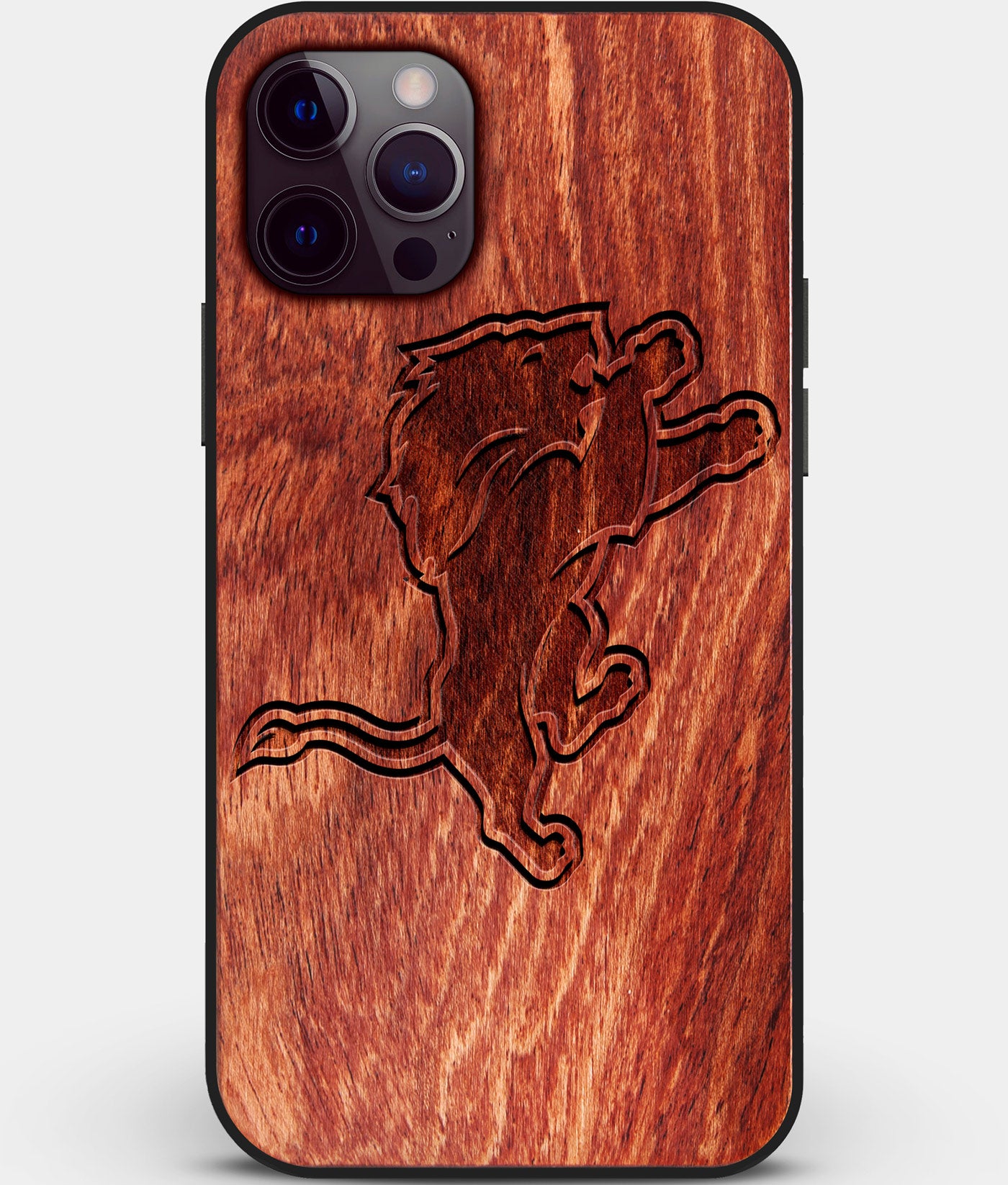 Custom Carved Wood Detroit Lions iPhone 12 Pro Case | Personalized Mahogany Wood Detroit Lions Cover, Birthday Gift, Gifts For Him, Monogrammed Gift For Fan | by Engraved In Nature