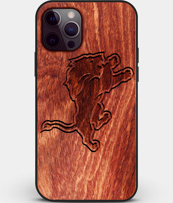 Custom Carved Wood Detroit Lions iPhone 12 Pro Case | Personalized Mahogany Wood Detroit Lions Cover, Birthday Gift, Gifts For Him, Monogrammed Gift For Fan | by Engraved In Nature