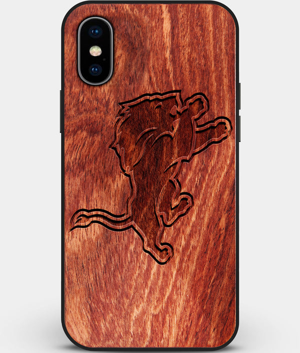 Custom Carved Wood Detroit Lions iPhone X/XS Case | Personalized Mahogany Wood Detroit Lions Cover, Birthday Gift, Gifts For Him, Monogrammed Gift For Fan | by Engraved In Nature