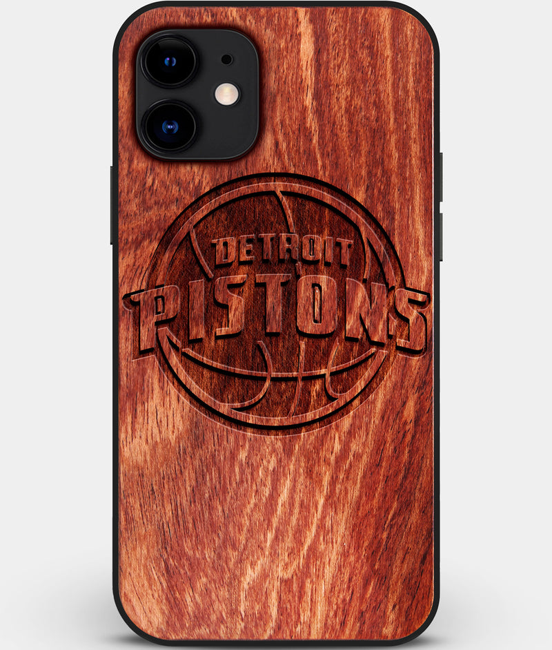 Custom Carved Wood Detroit Pistons iPhone 11 Case | Personalized Mahogany Wood Detroit Pistons Cover, Birthday Gift, Gifts For Him, Monogrammed Gift For Fan | by Engraved In Nature